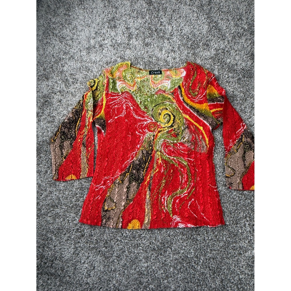 Crush Y2K Crinkle Top Women's Medium Abstract Swirl Stretch Blouse